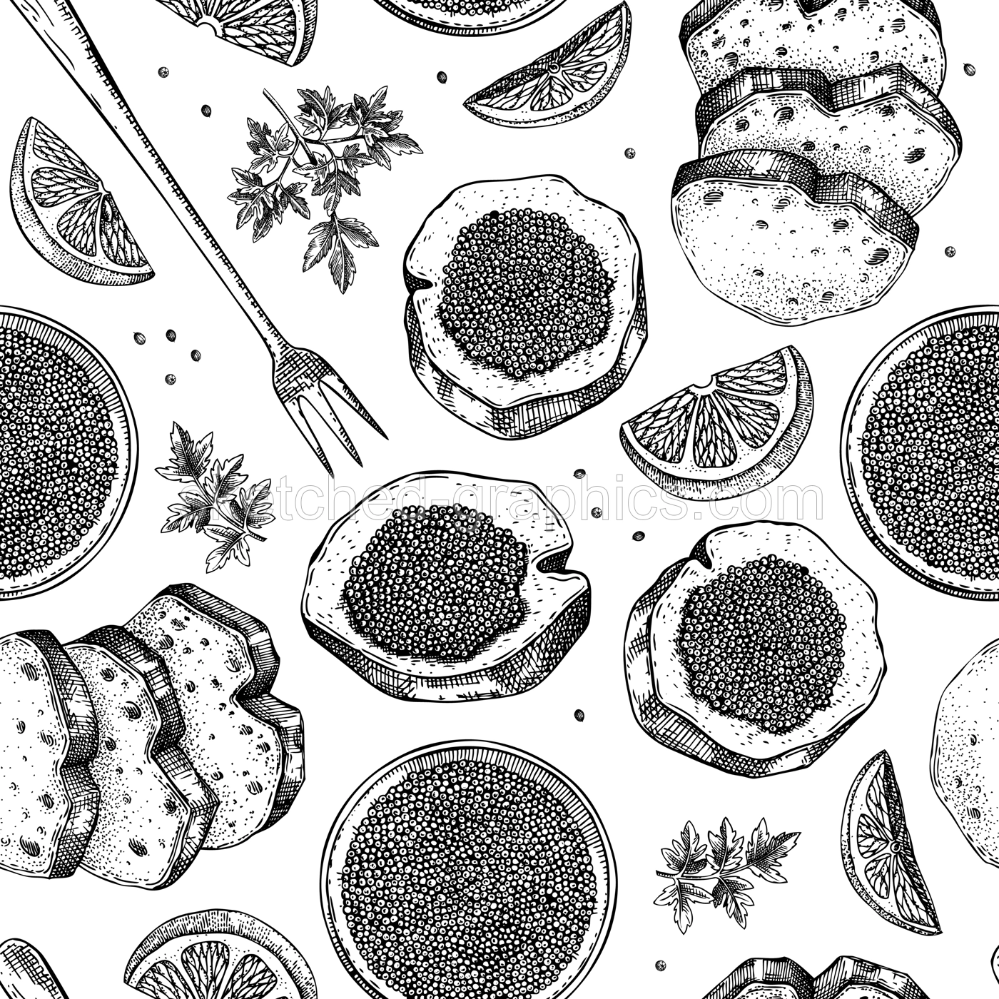 Seafood background for restaurant or finger food menu design. Hand-drawn sketches of canned caviar, black caviar canape, bread, lemons. Sea delicacy seamless pattern in sketched style. Illustration
